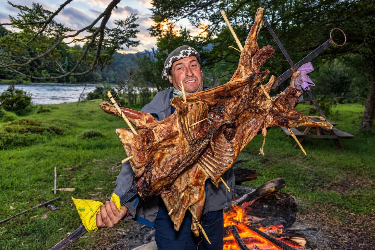 Traditional Patagonian asado over an open fire