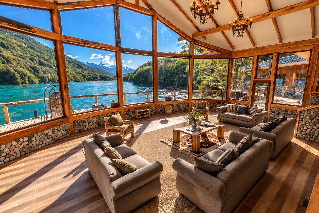 The common room at Patagonia Baker Lodge overlooking the Río Baker