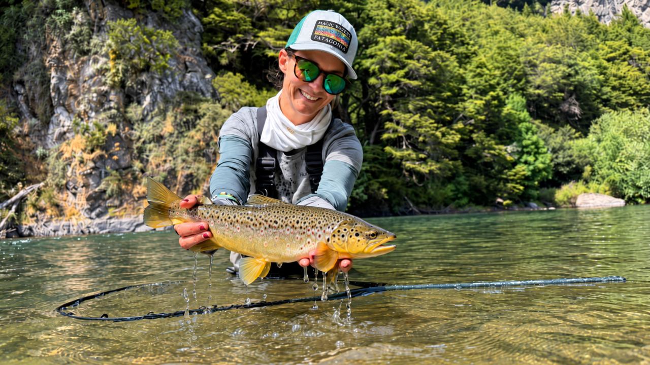 Angler with a brown trout on the Cochrane River
