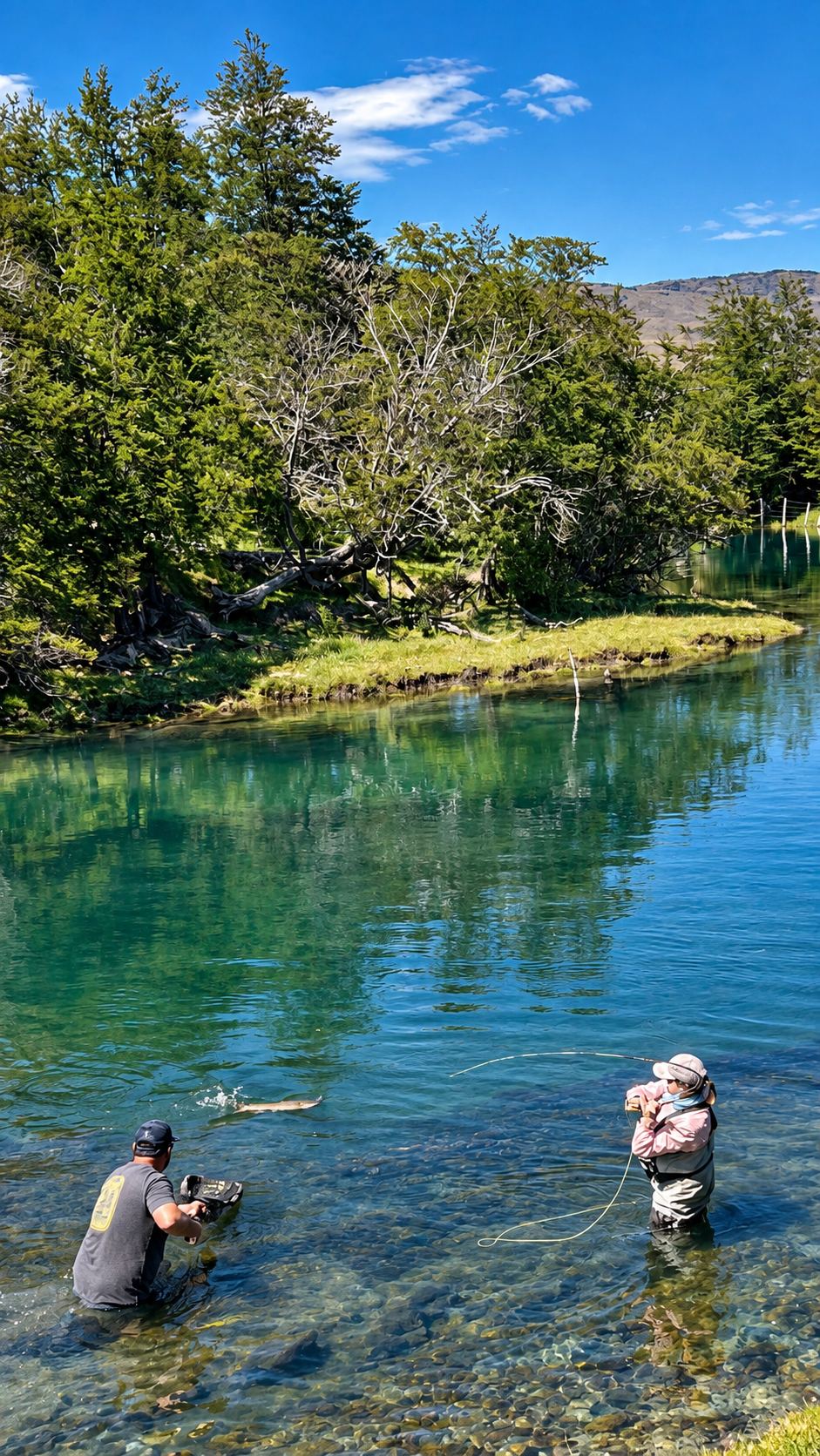 Two anglers wading a clear turquoise pool below a forested bank