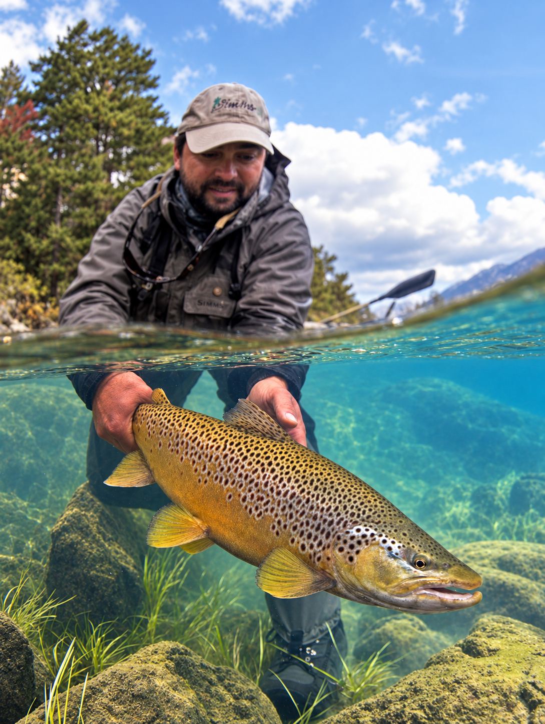 Angler lifting a brown trout half out of the water