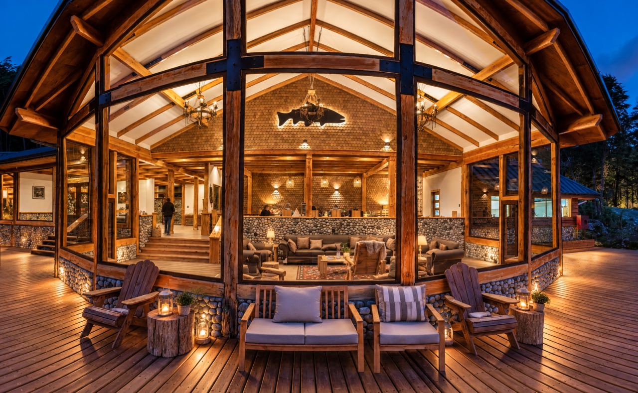 Lodge lounge lit at night, seen through its timber-frame windows