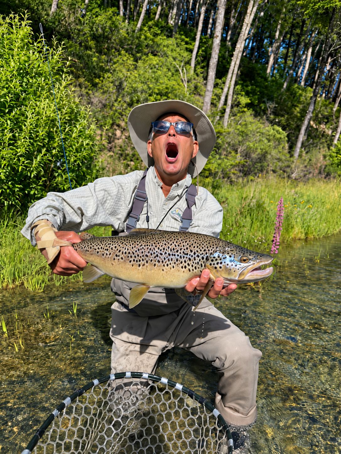 Angler cheering with a large brown trout over the net
