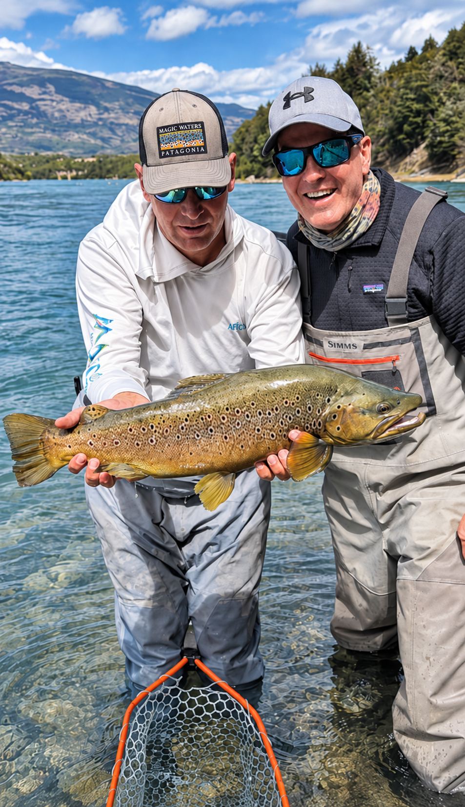 Two anglers in waders with a brown trout, snow peaks behind