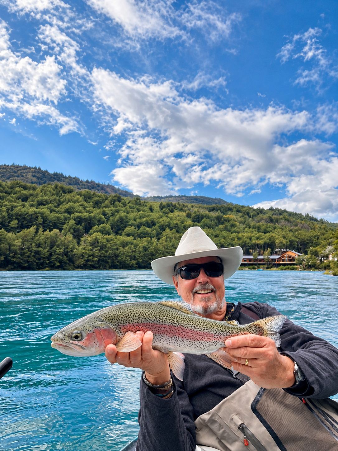 Angler in a wide-brim hat with a rainbow trout on a turquoise lake