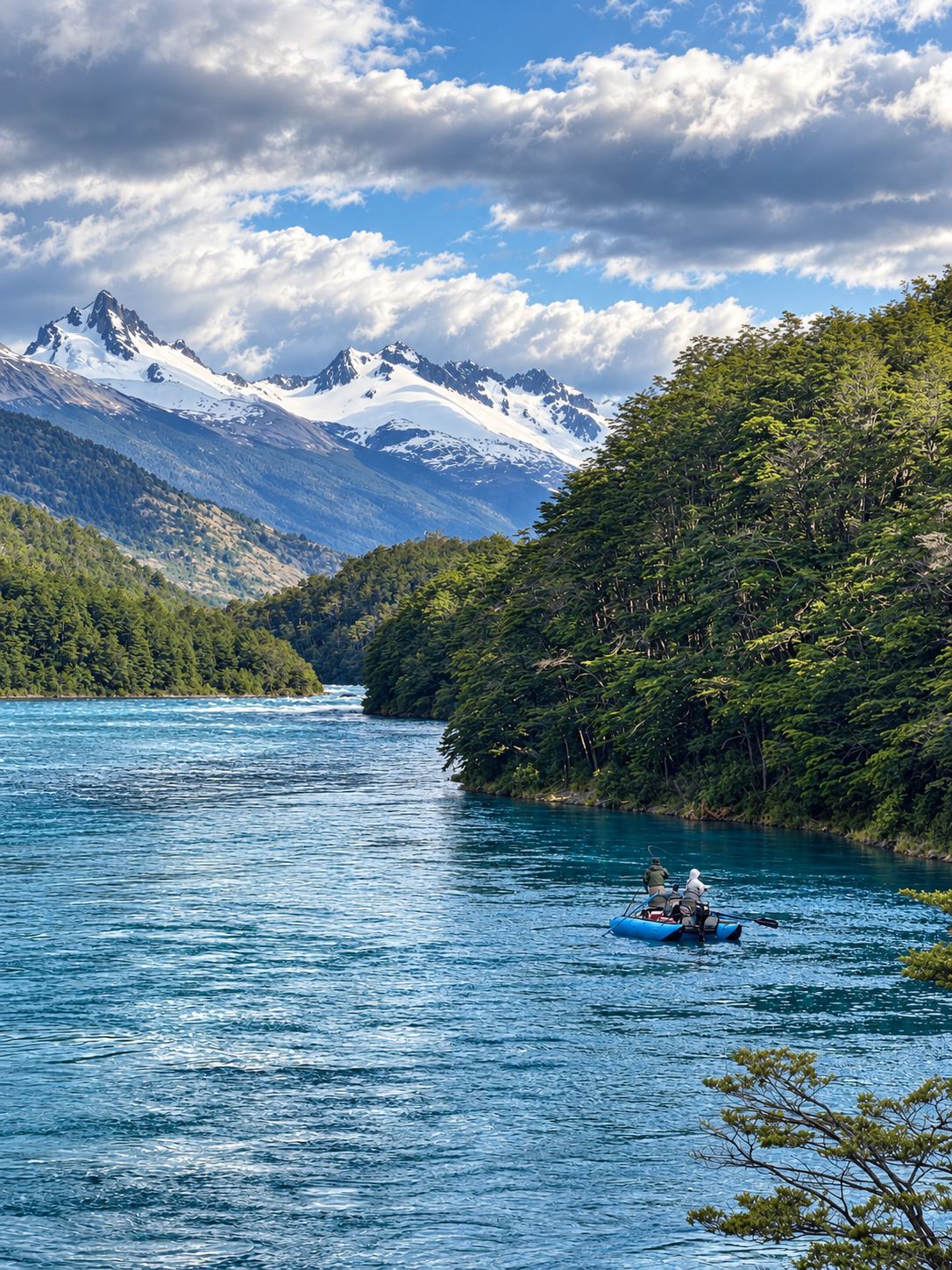 A boat on a turquoise river below snow-capped peaks
