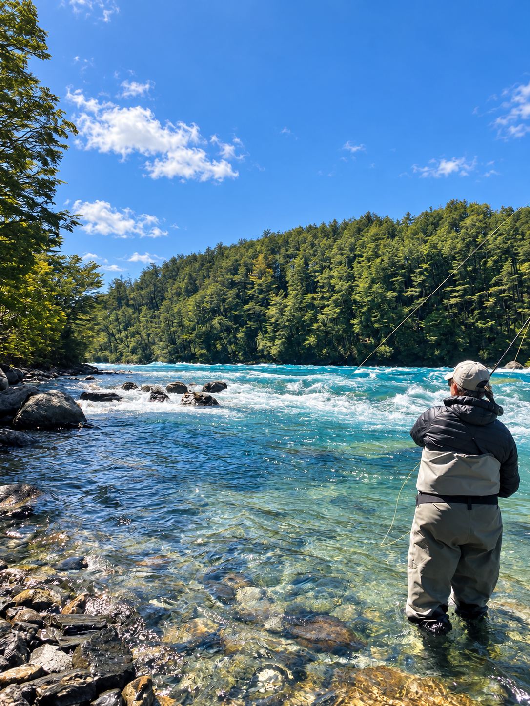 Angler casting into a rapid from a rocky bank