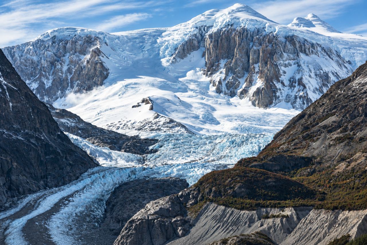 A glacier tongue between mountain ridges