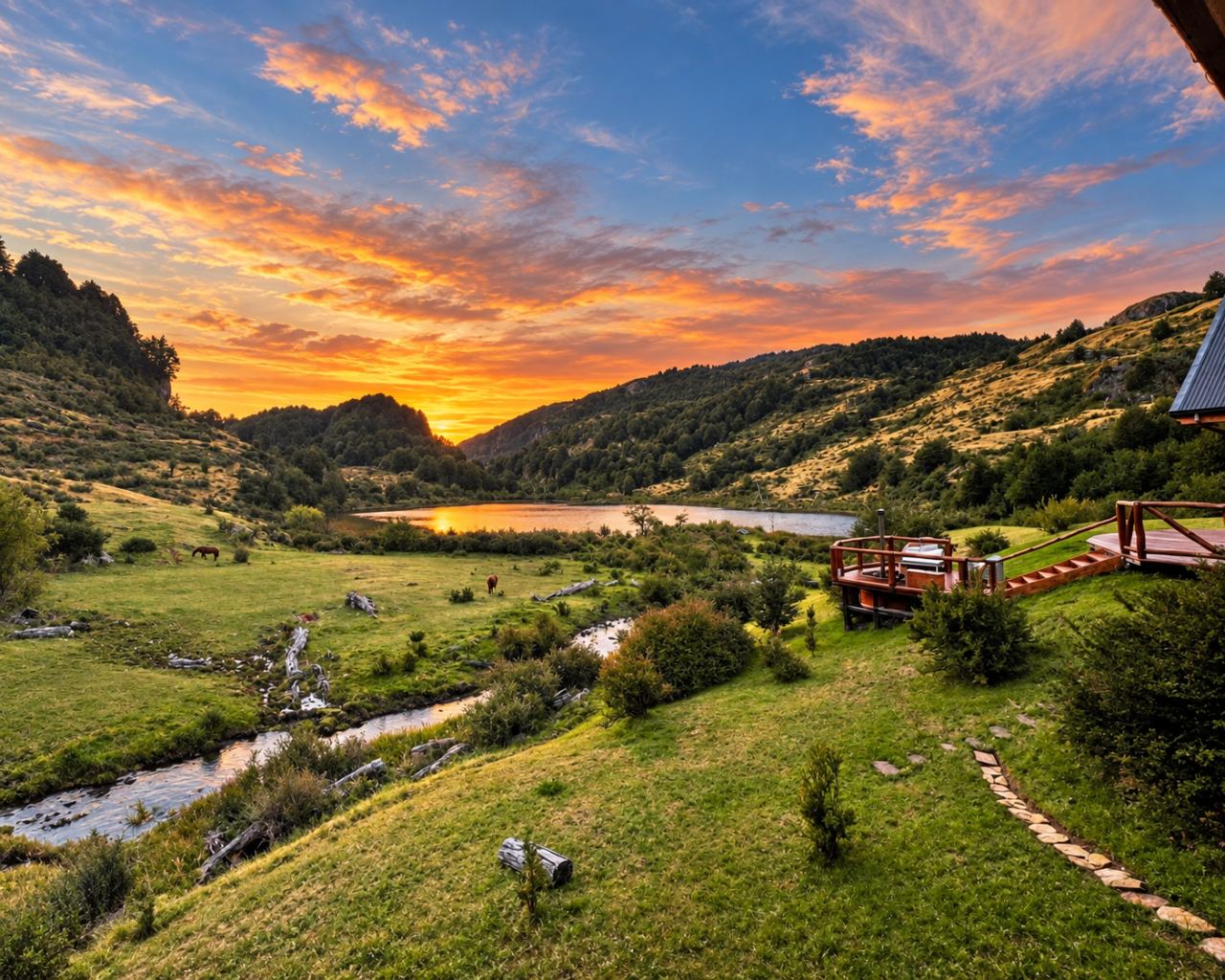 Sunset sky over a lake and the lodge grounds