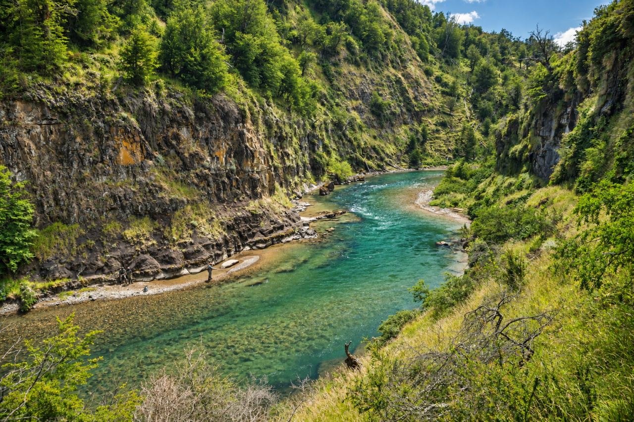 Aerial view of a turquoise river in a forested canyon