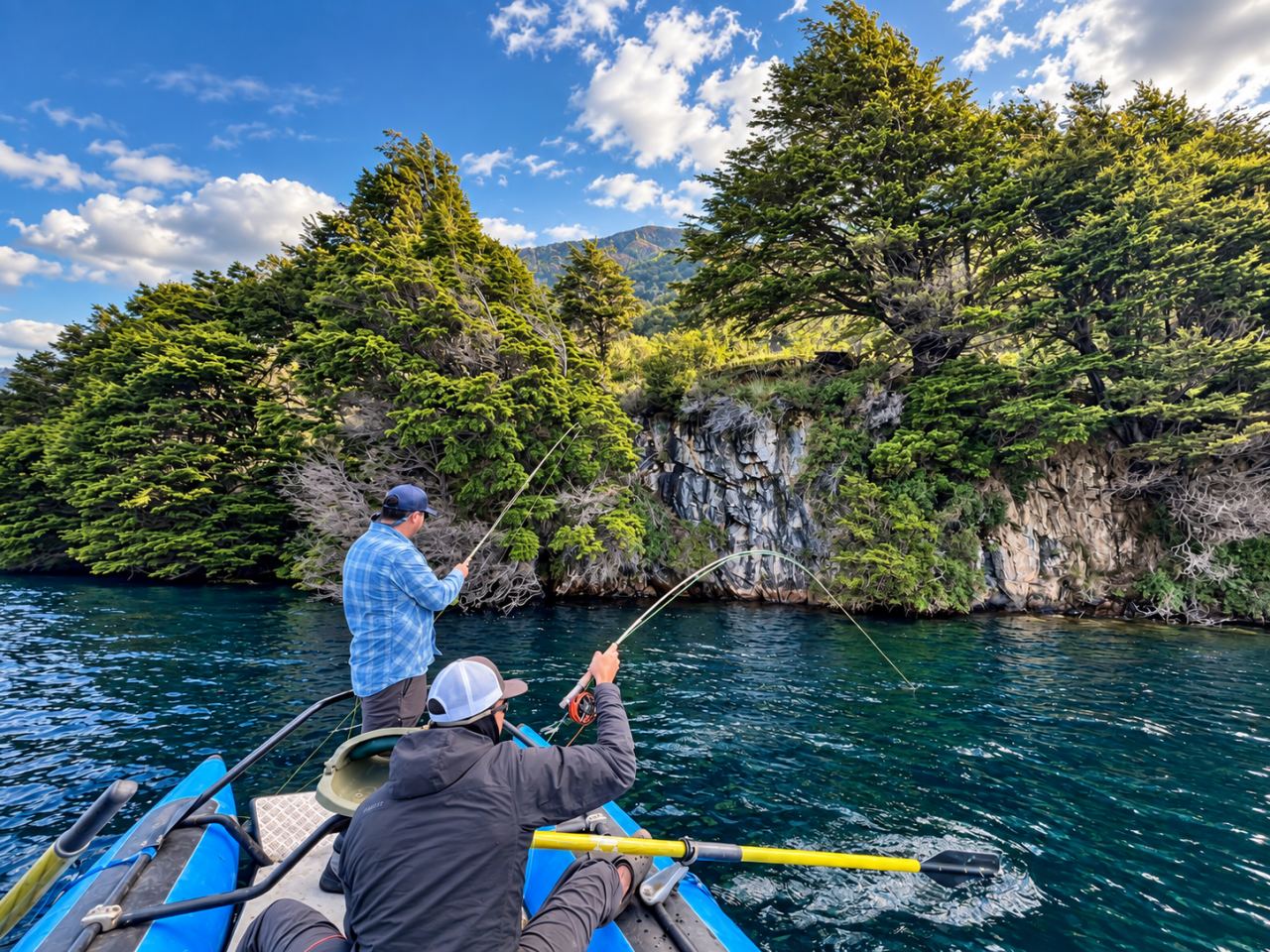Two anglers casting from a raft beneath a cliff