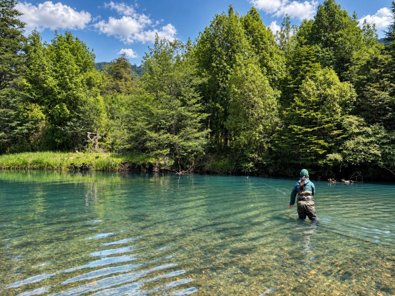 Angler wading a glassy turquoise pool ringed by trees