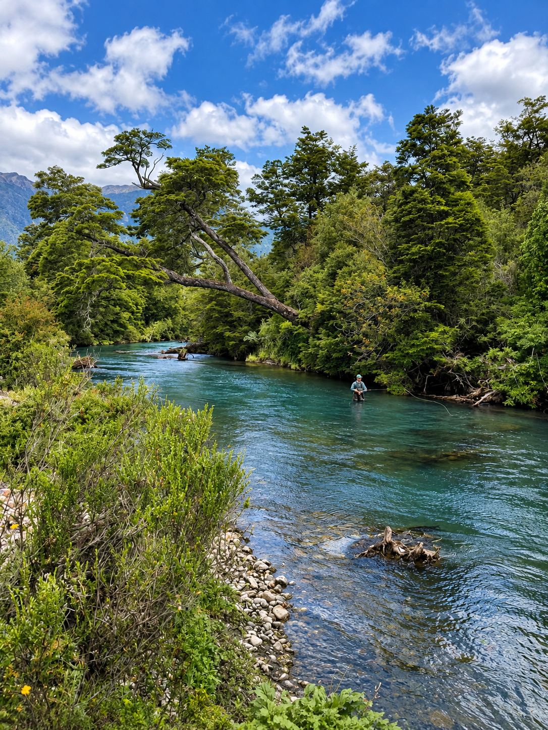 A clear river with fallen trees and an angler downstream