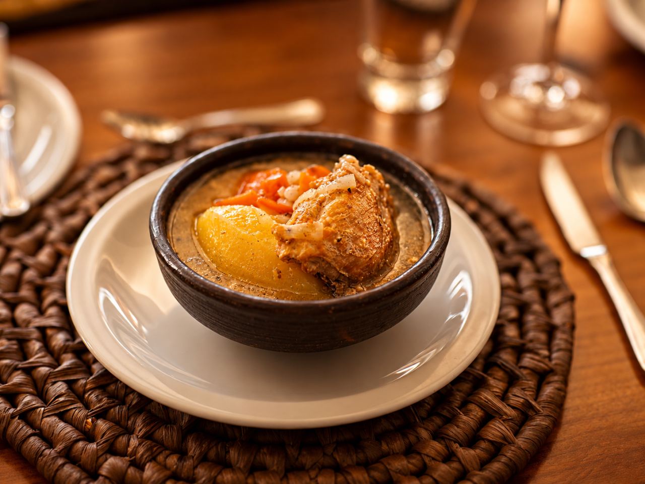A stew served in a clay bowl at the lodge table