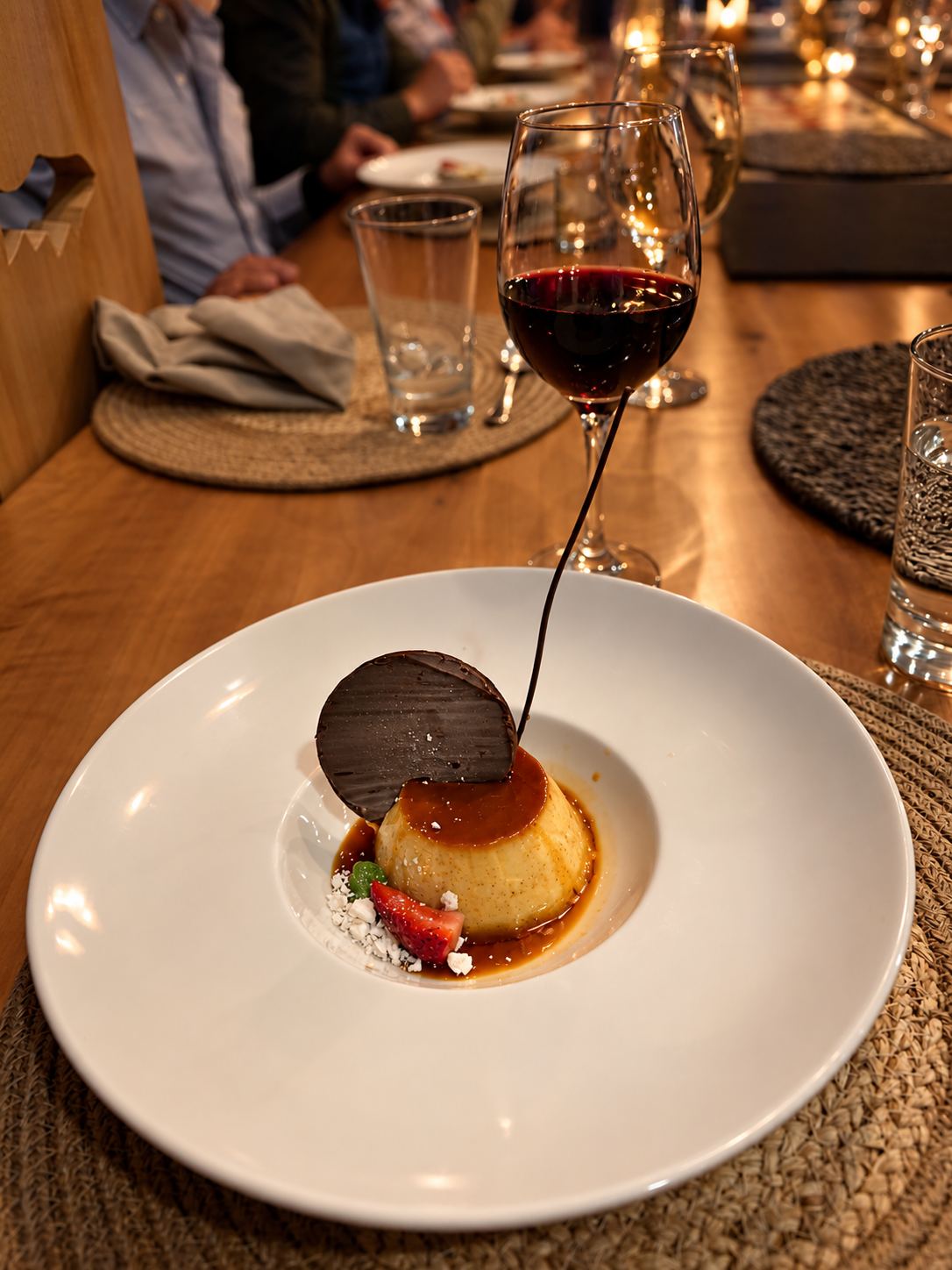 A caramel flan with a glass of red wine