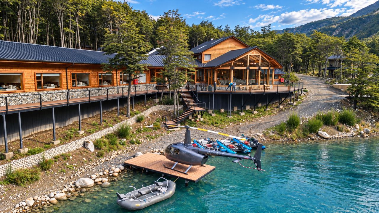 Lodge buildings above a dock with boats on turquoise water