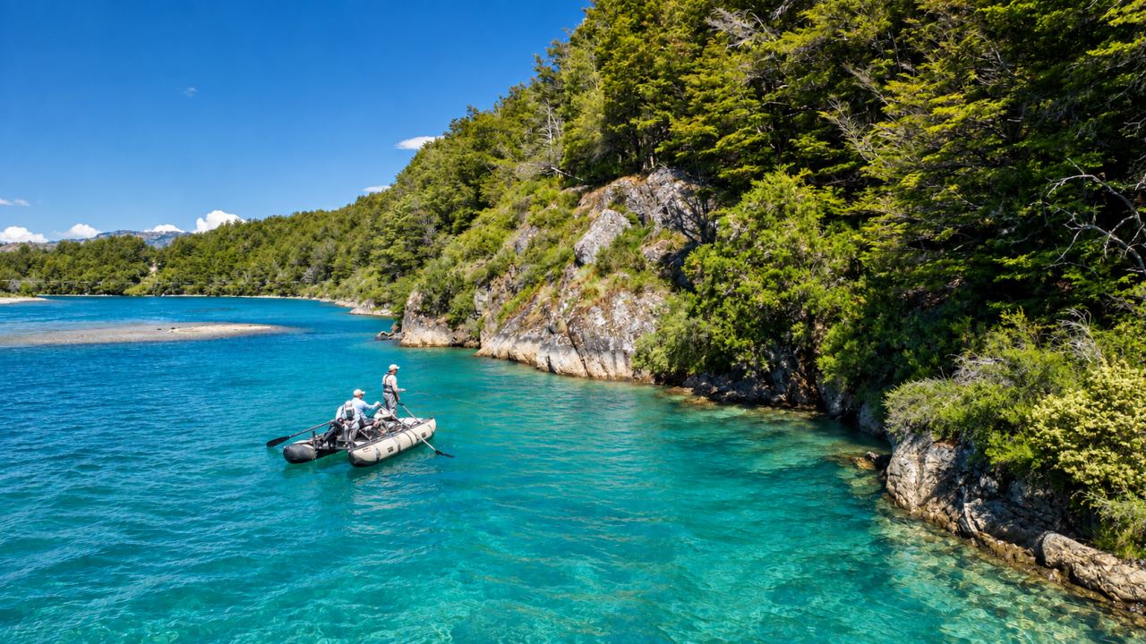 Aerial view of a turquoise bay with a boat below a forested cliff