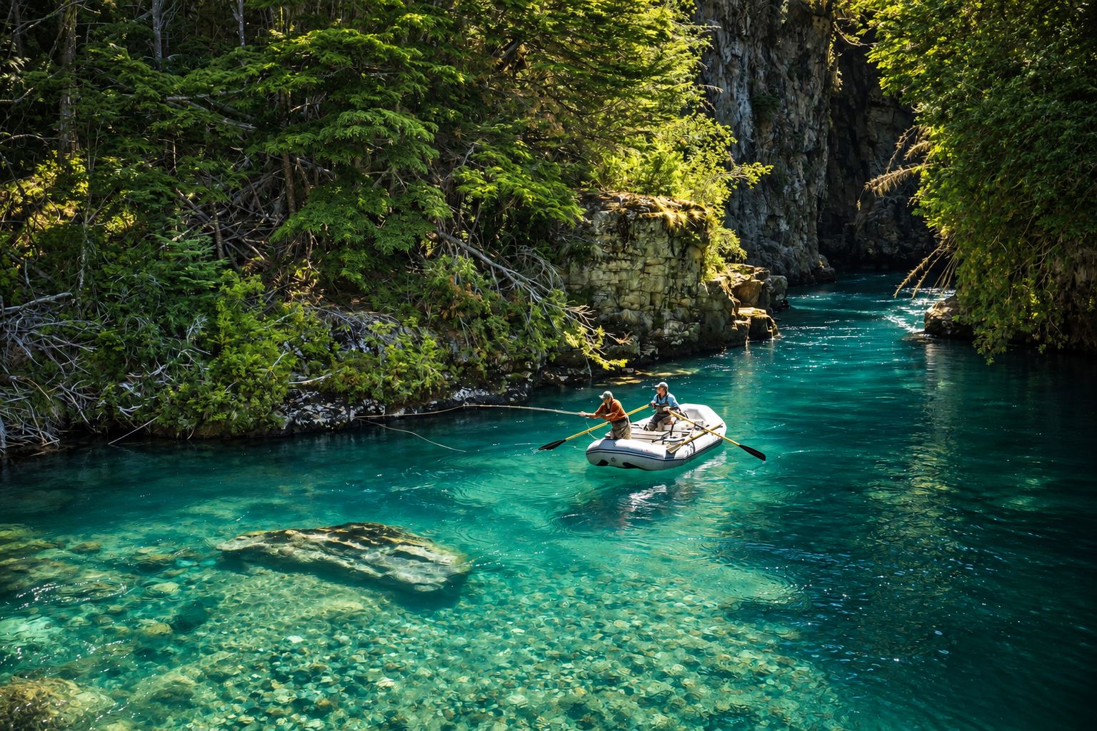 Drift boat fishing a turquoise canyon river in Patagonia
