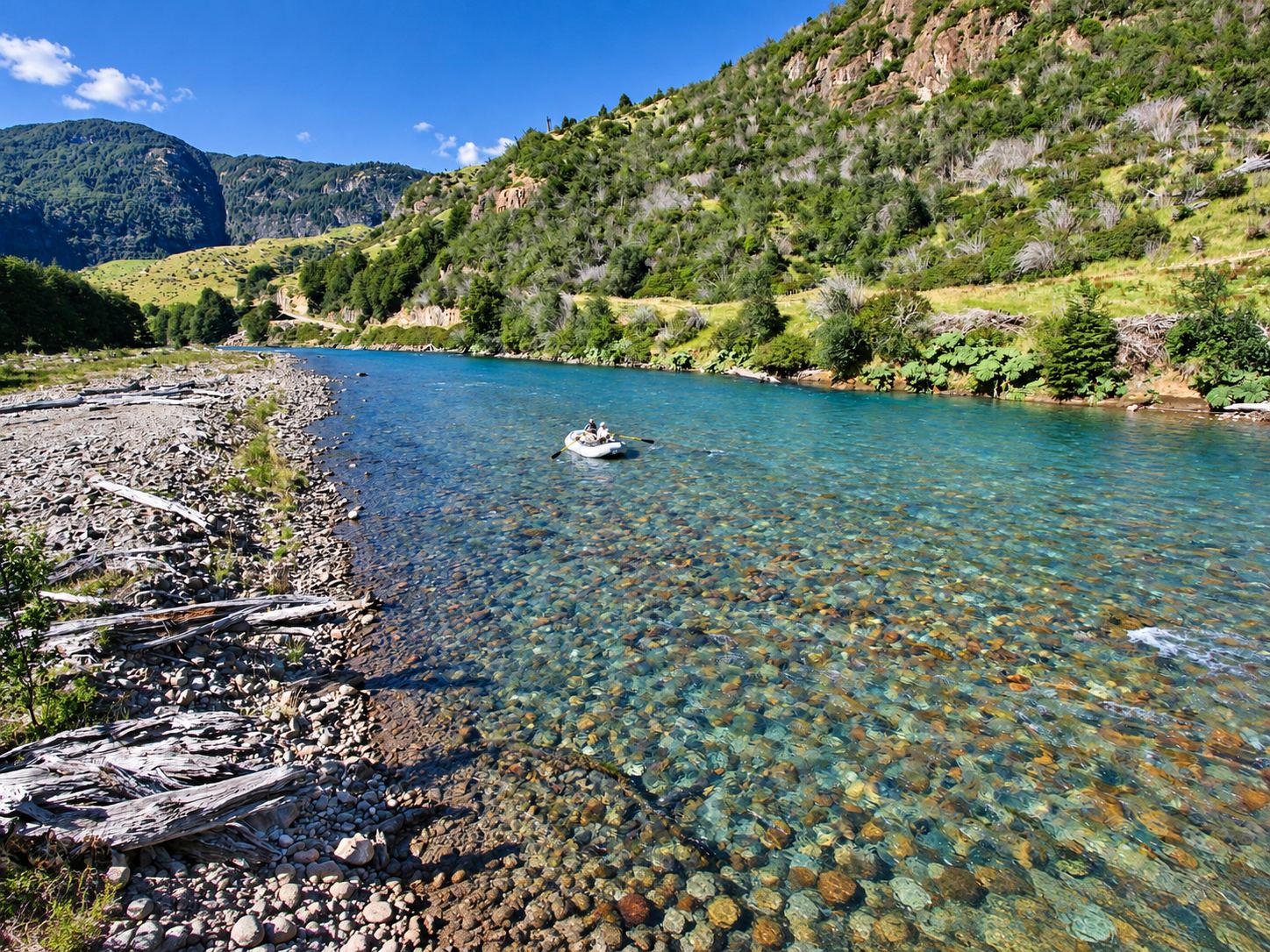 A drift boat on a clear cobbled river in the Aysén Region