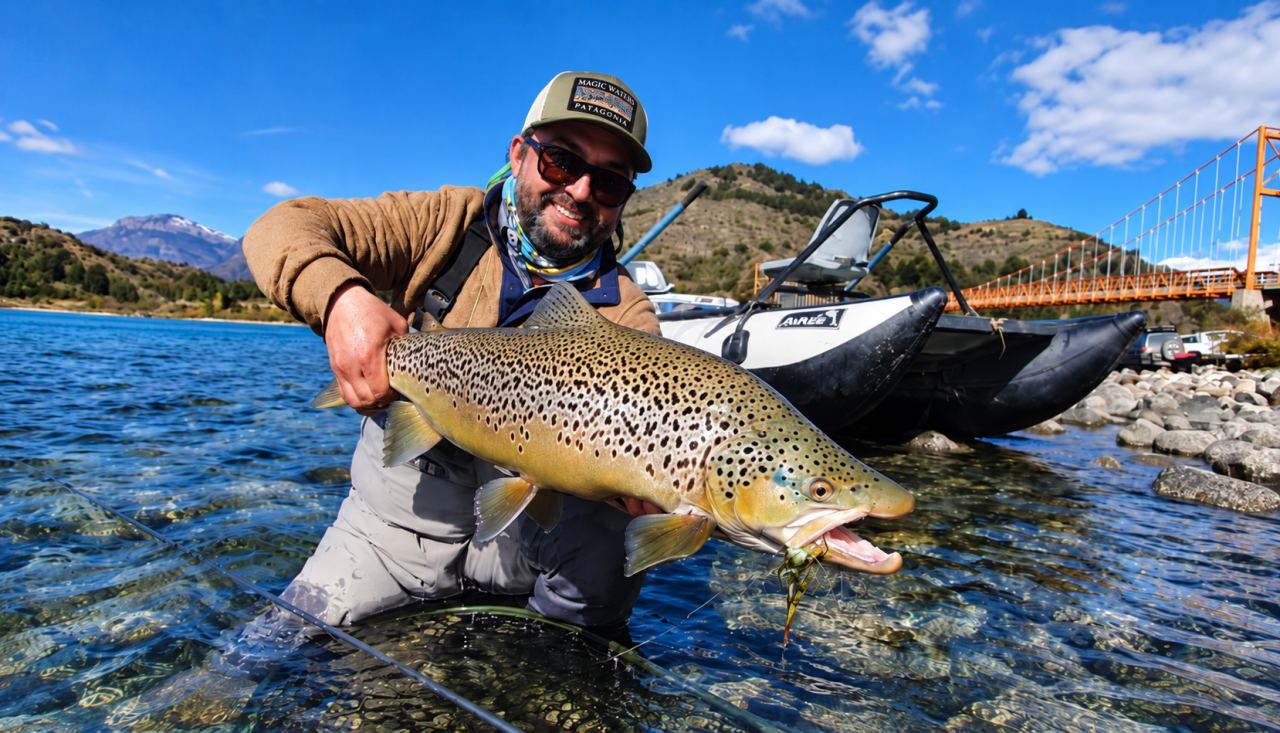 Angler with a large brown trout near Jeinimeni River