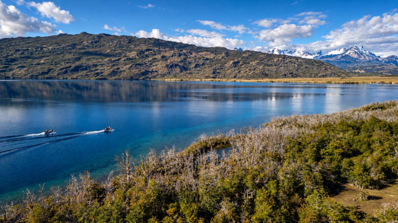 Boats on a Patagonian lake at Baker Lodge