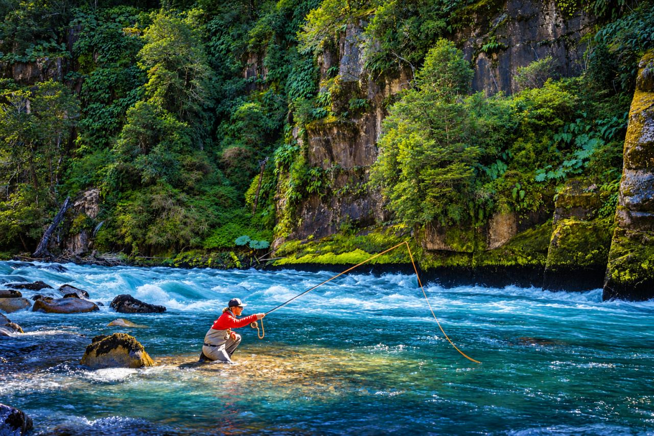 Angler casting in the Blanco River canyon