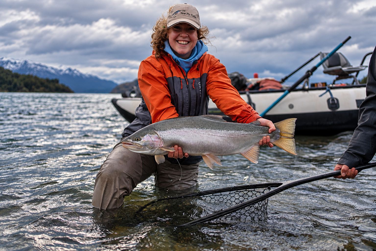 Angler with a rainbow trout beside the raft