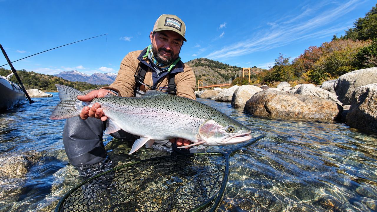 Angler with a trophy rainbow trout